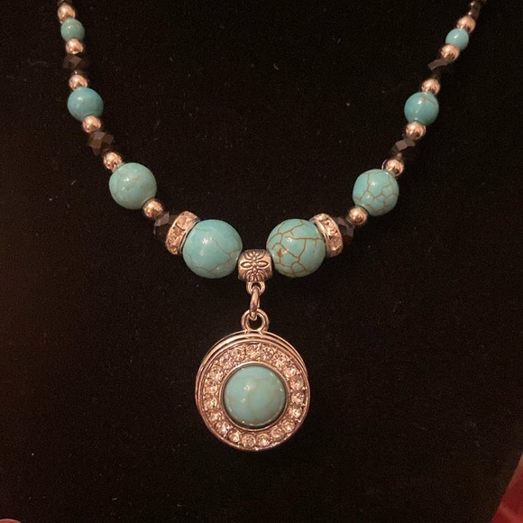 Hand Crafted Jewelry - Turquoise Beaded Rhinestone Necklace